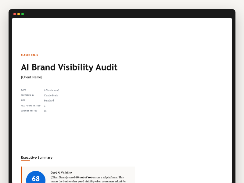 AI Visibility Assessment report cover page showing the audit title, date, and executive summary with a score of 68 out of 100